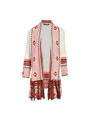 MaxSport Women's Boho Fringe Cardigan White Red Southwestern Aztec Knit Sweater